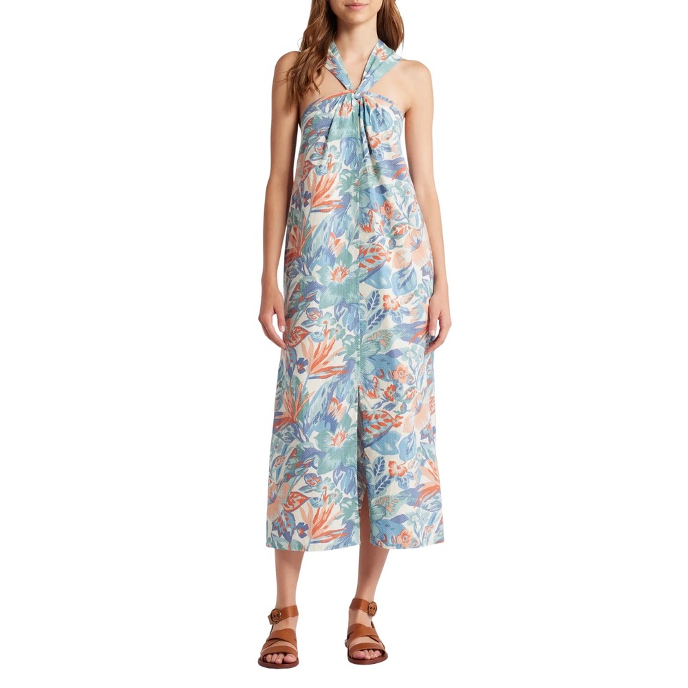 Faherty Bay Twist Seersucker Halter Dress Paradise Blossom Blue Midi XSWomen XS